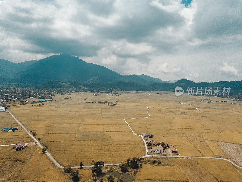 清晨的兰卡威，吉打稻田与雾与gunung raya山的背景覆盖着云